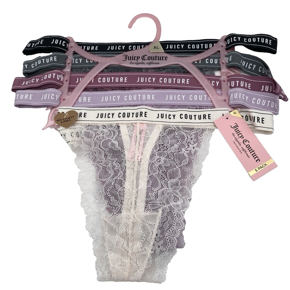 Juicy Couture Lace‎ Thong Panties 5Pk Size XL Stretch Logo No Panty Lines NWT